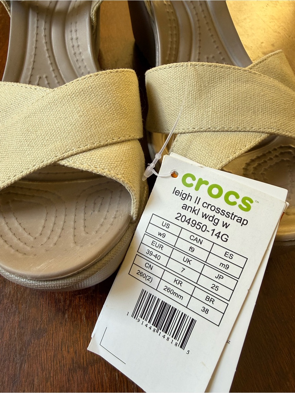 CROCS Leigh II Crosstrap Ankle Wedge Sandal in Beige Canvas